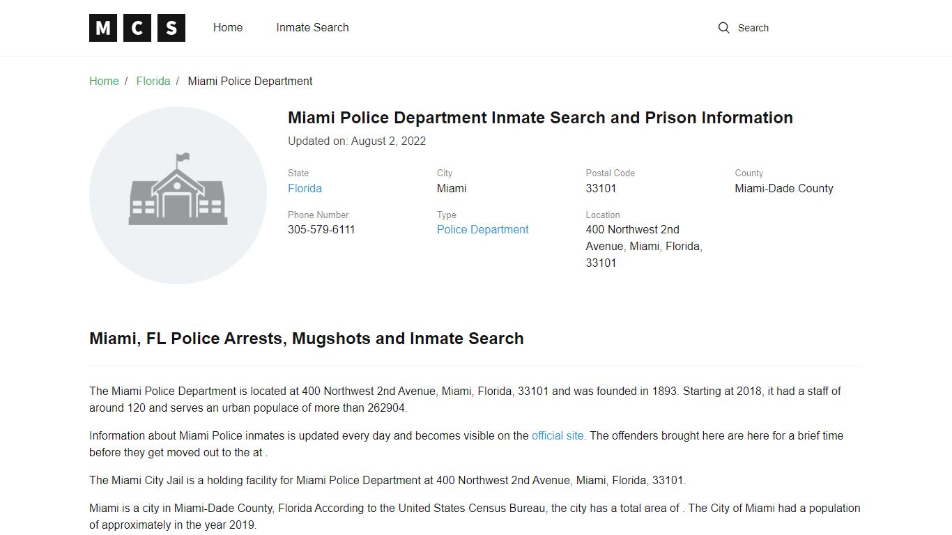 Miami Police Department Inmate Search and Prison Information